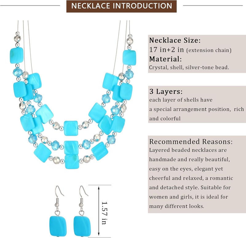 Errally Store Layered Beaded Statement Necklaces for Women Square Shell Bead Collar Necklace and Earring Set Birthday Gifts Boho Jewelry Sets for Women - Image 5